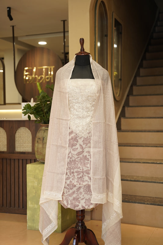Off White Block Printed Mul Chanderi Suit with Katha Work