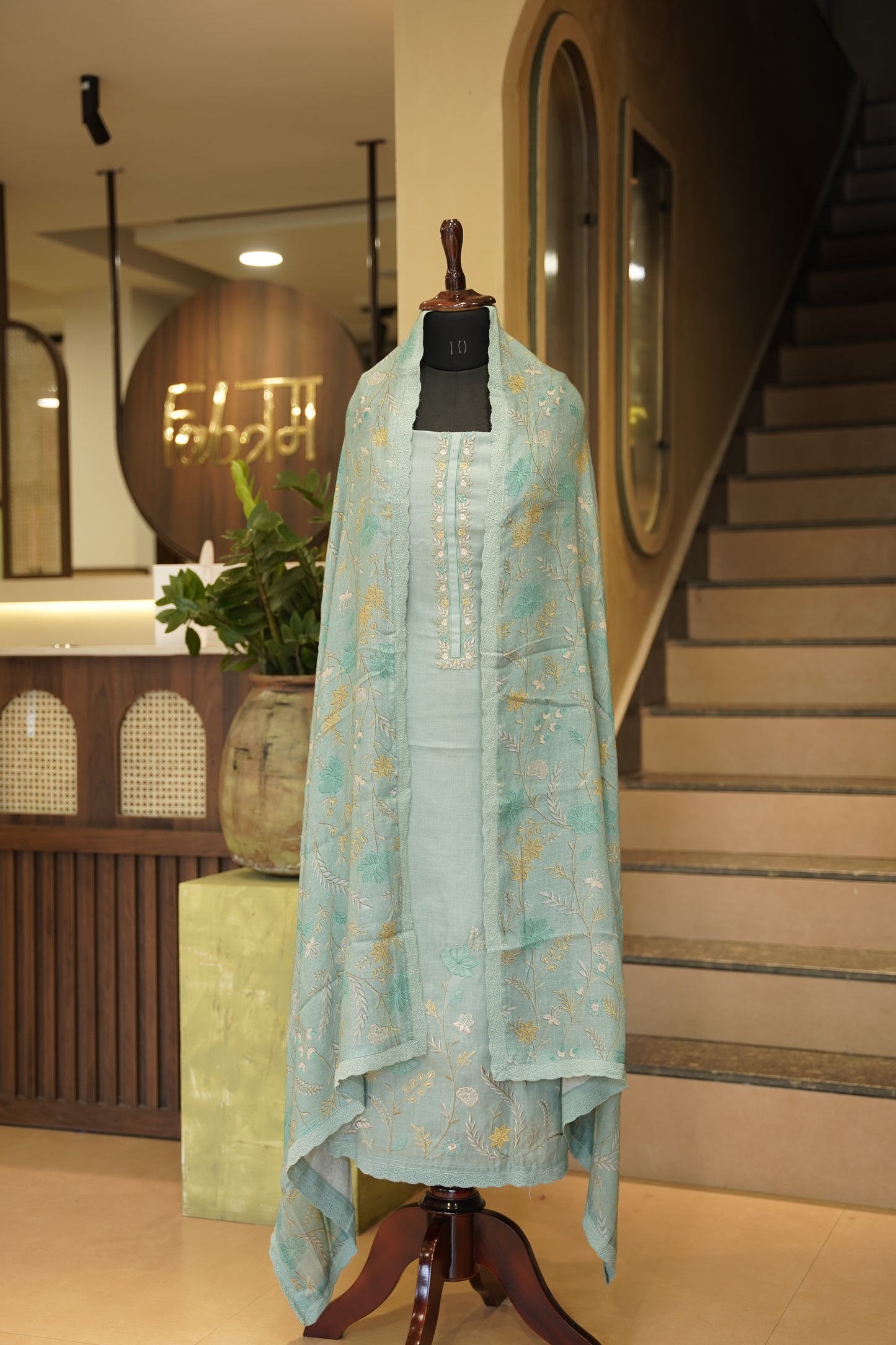 Green Linen Suit with Applique Work