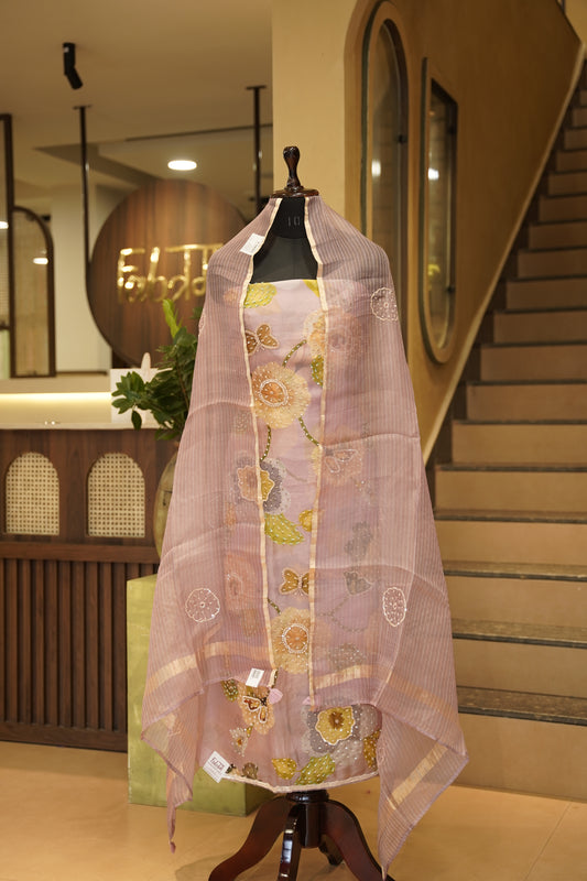 Pink Hand Painted Organza Suit with Handwork