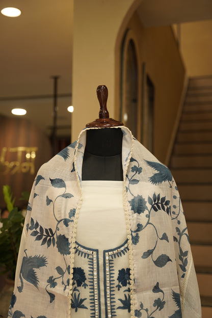 Off White Printed Chanderi Suit with Aari Embroidery