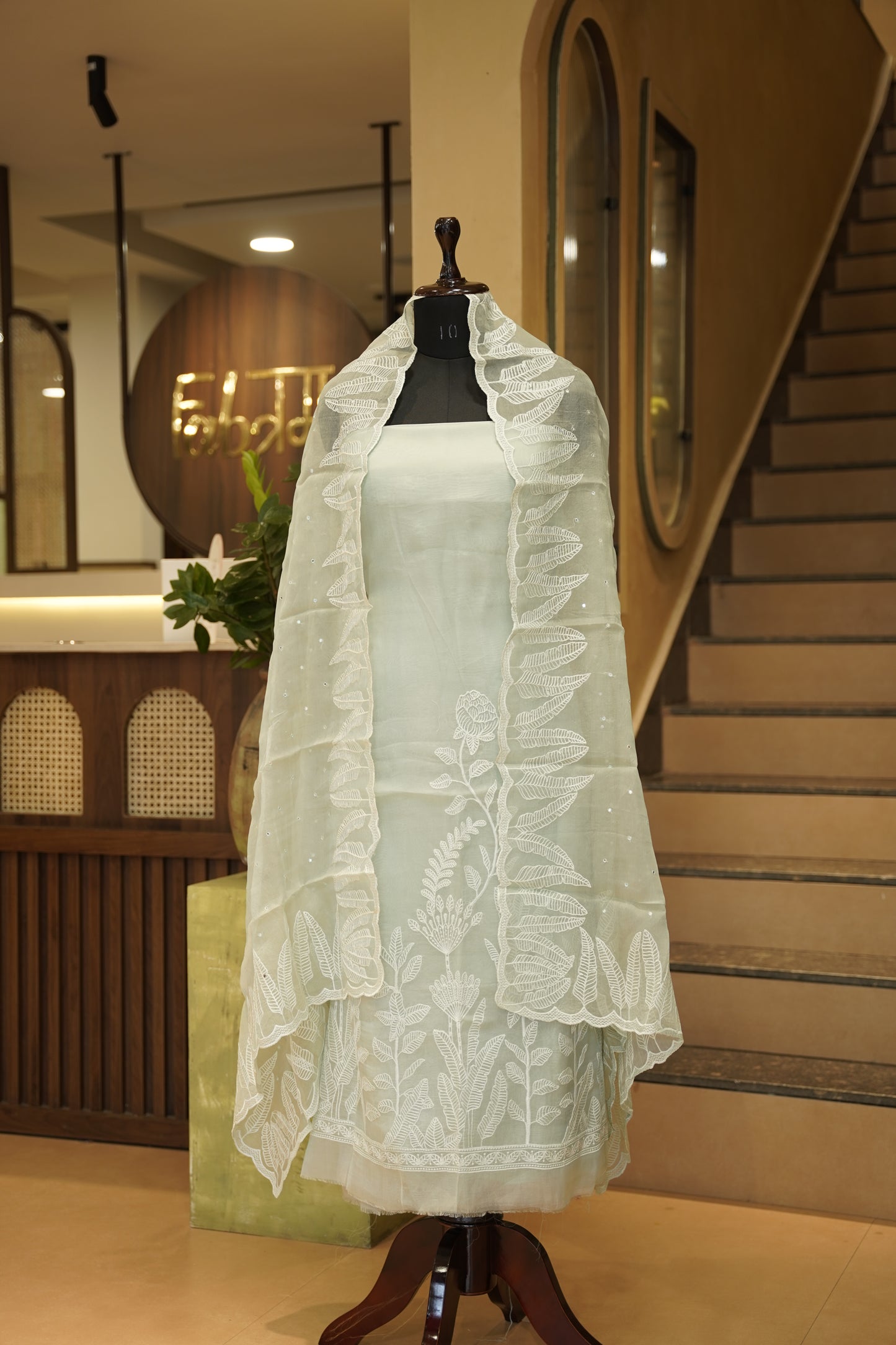 Sea Green Organza Suit with Embroidery