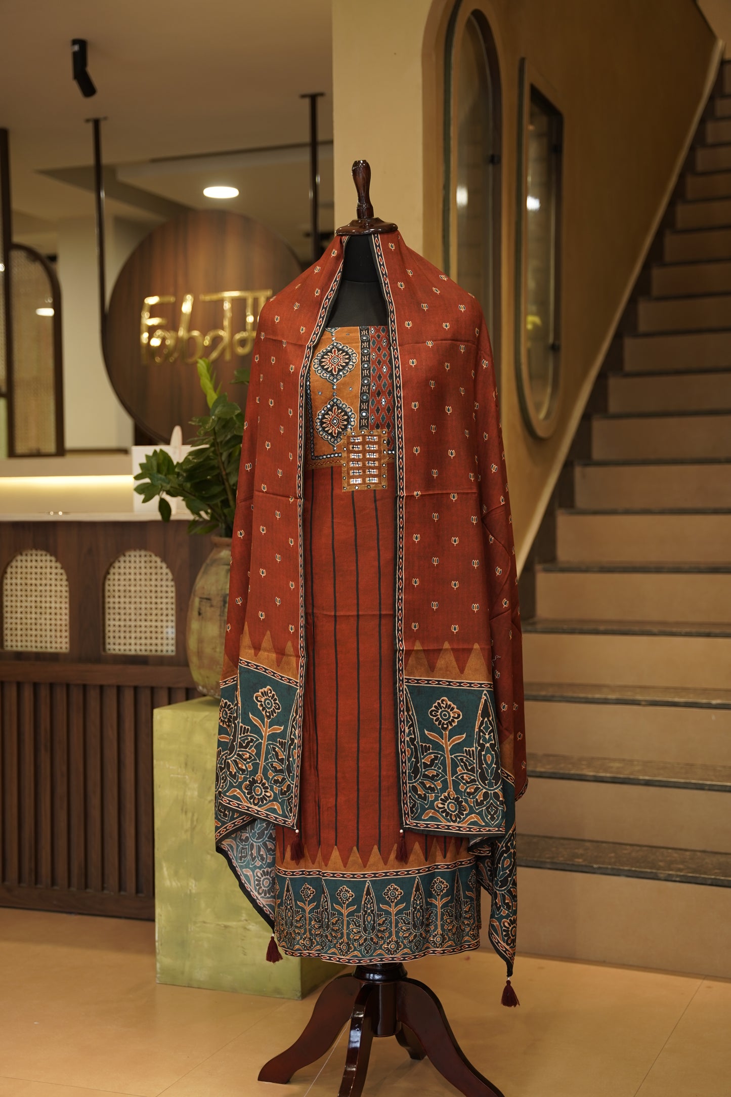 Red Mulsin Ajrakh Printed Suit