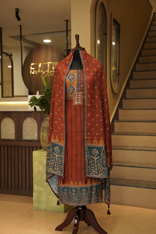 Red Mulsin Ajrakh Printed Suit