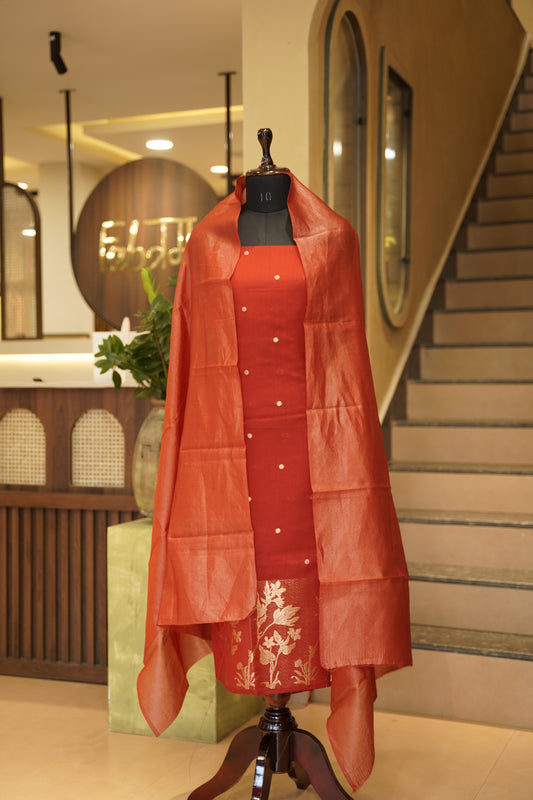 Red Banarasi Chinia Silk Suit with Daaman Zari