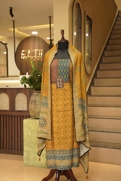Mustard Muslin Ajrakh Printed Suit