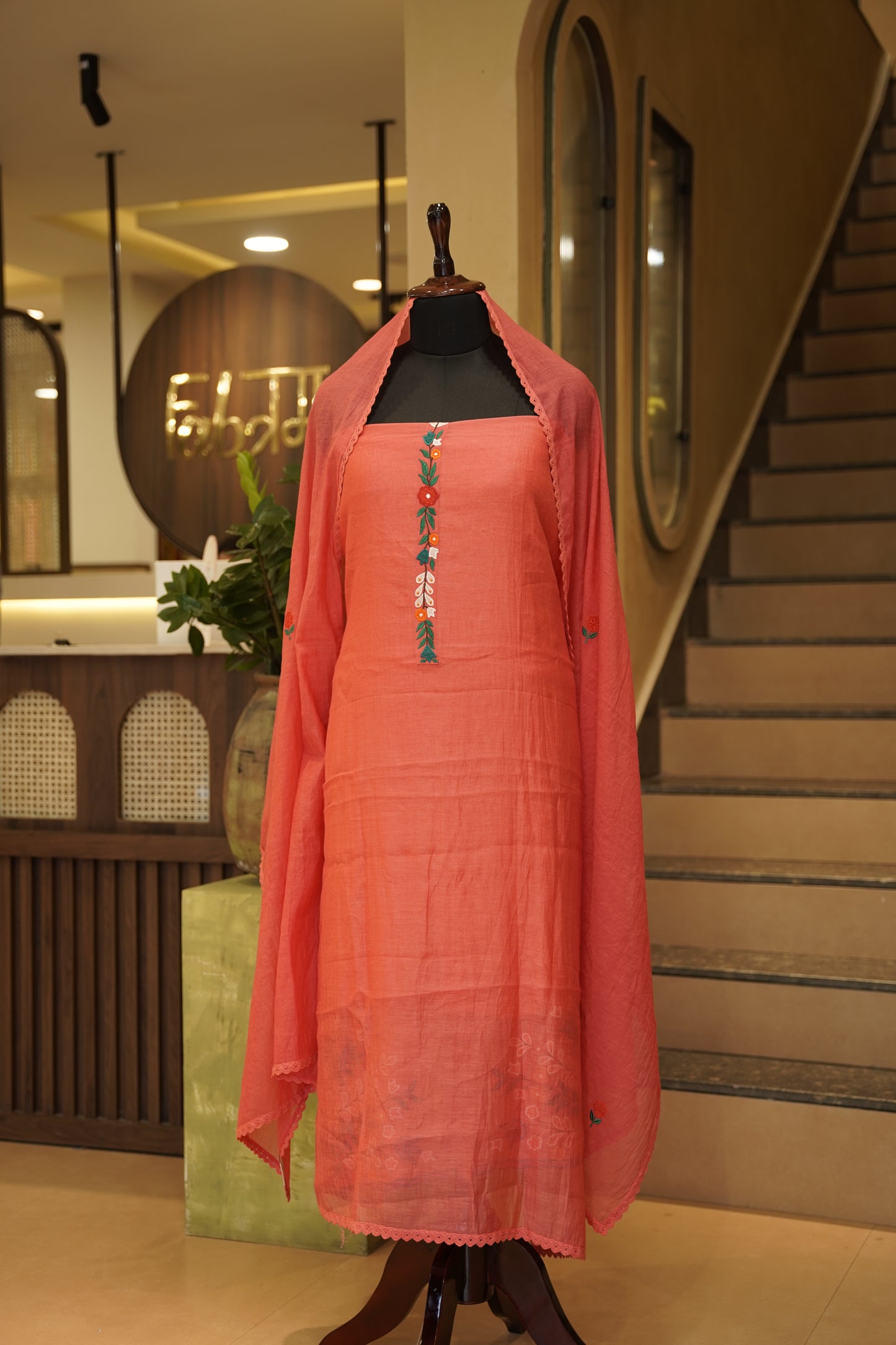 Tomato Mul Chanderi Suit with Applique Work