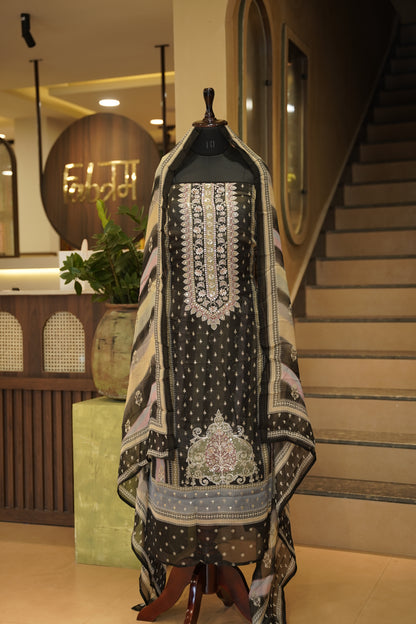 Black Organza Printed Suit with Hand Work