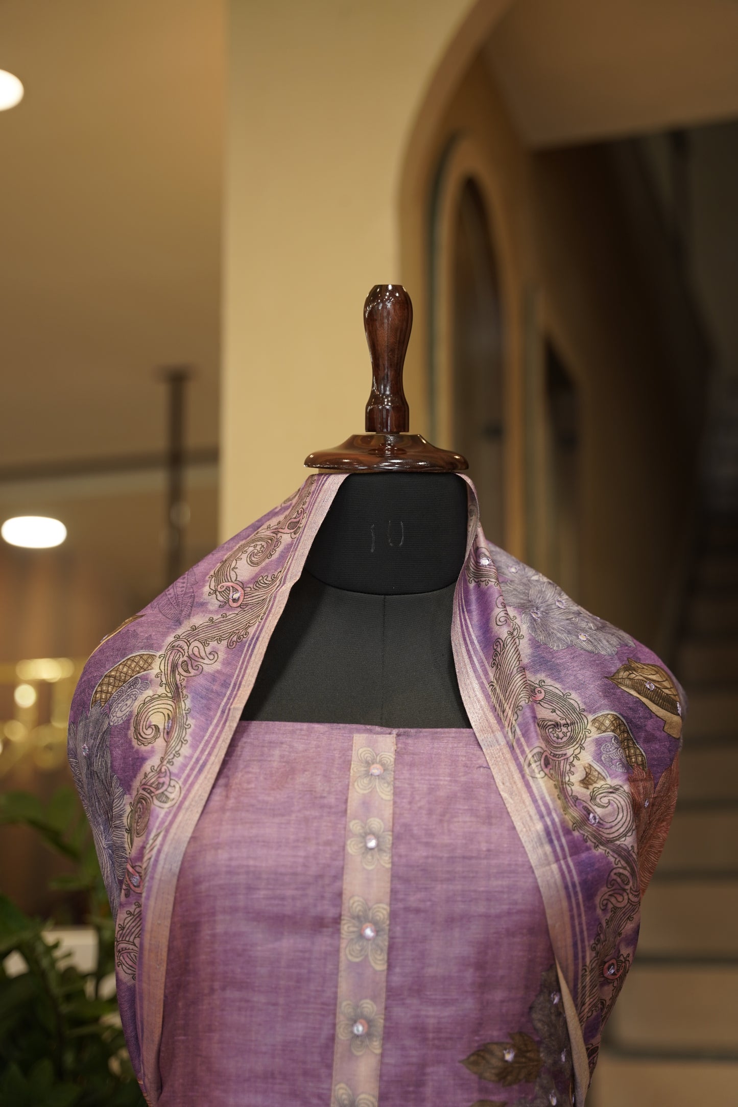 Purple Chanderi Printed Suit with Mirror Work