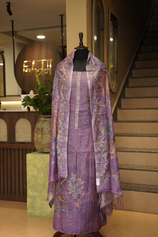 Purple Chanderi Printed Suit with Mirror Work