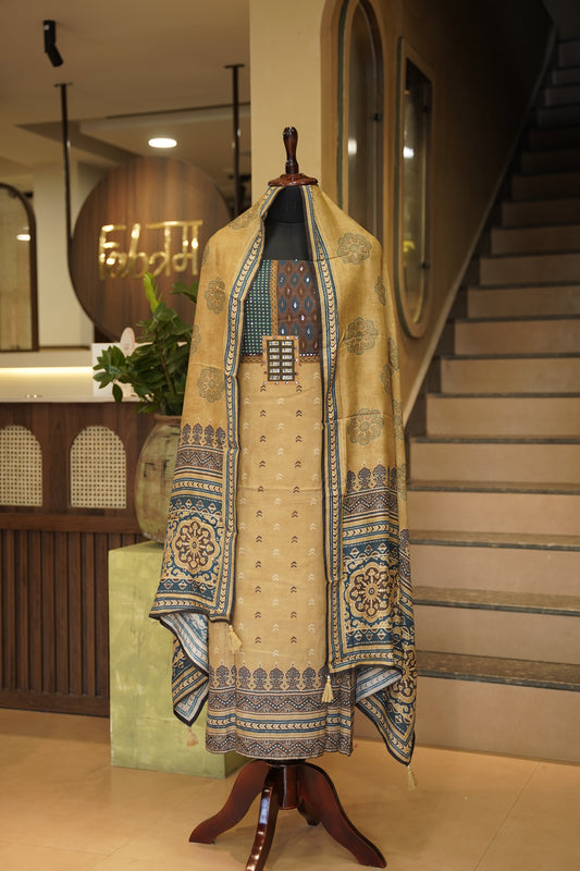 Mustard Muslin Ajrakh Printed Suit