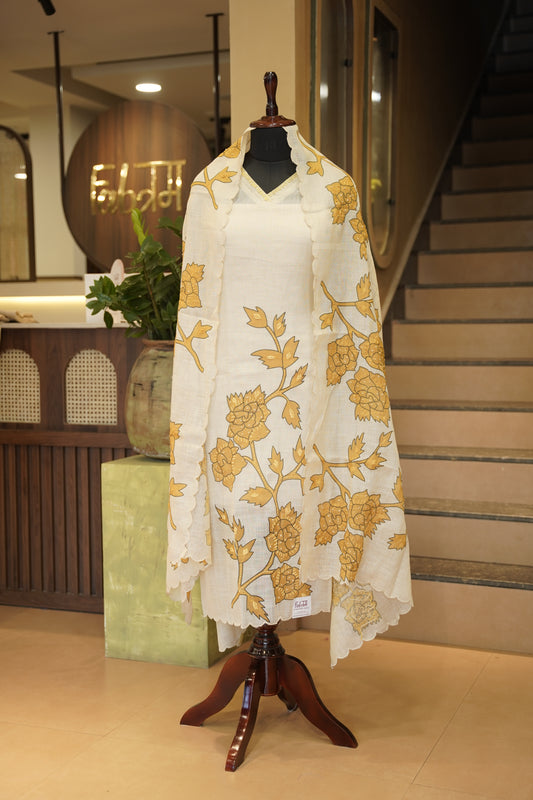 Cream Linen Tissue Printed Suit with Katha Work