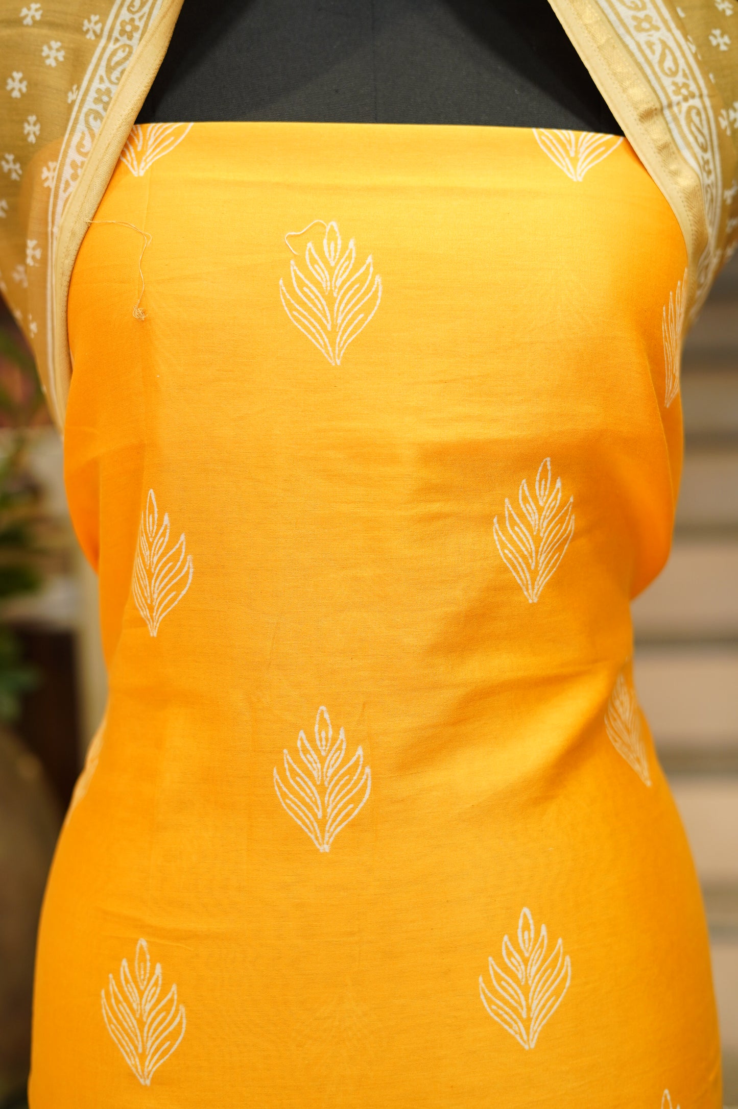 Yellow Maheshwari Discharge Printed Suit