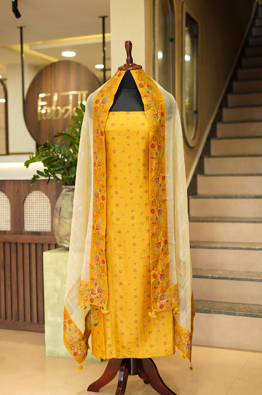 Mustard Maheshwari Silk Printed Suit