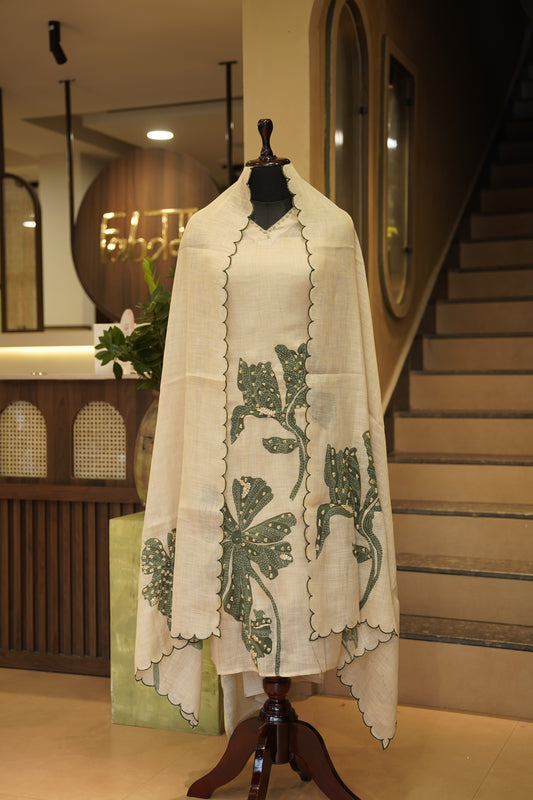 Cream Linen Tissue Printed Suit with Katha Work
