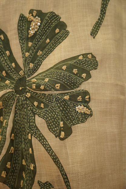 Cream Linen Tissue Printed Suit with Katha Work