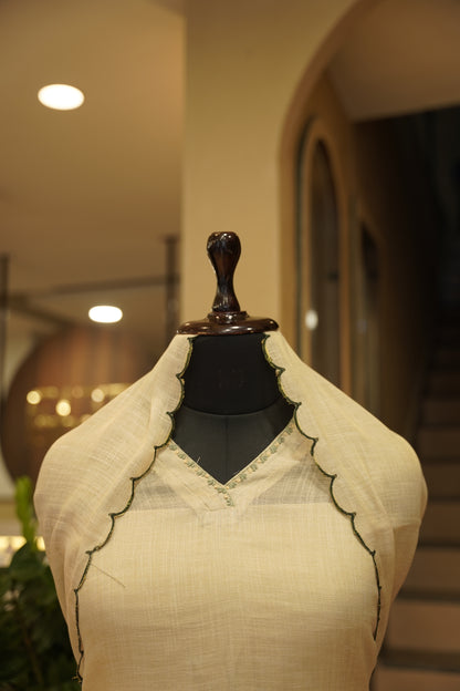 Cream Linen Tissue Printed Suit with Katha Work