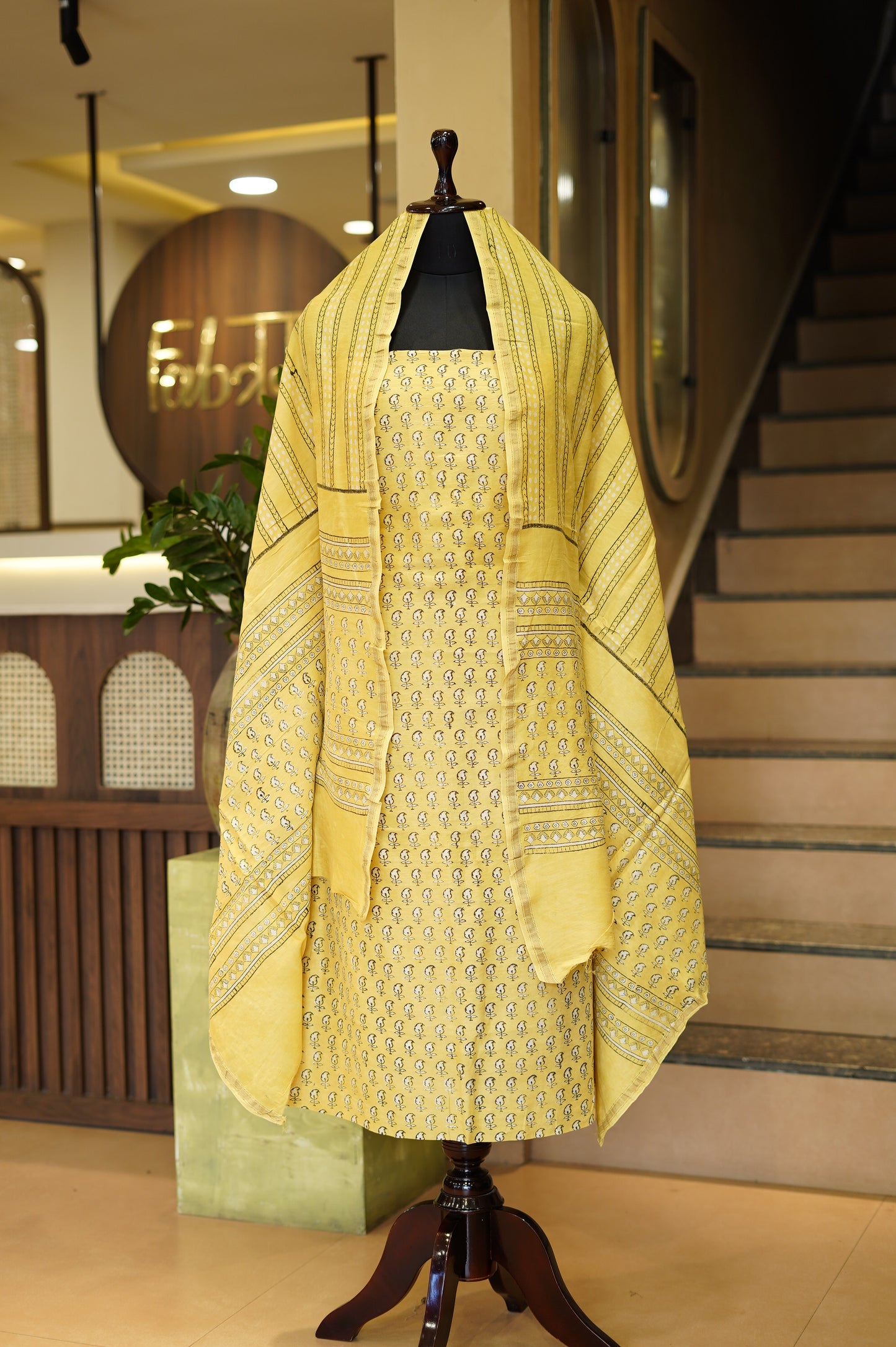 Yellow Maheshwari Block Printed Suit