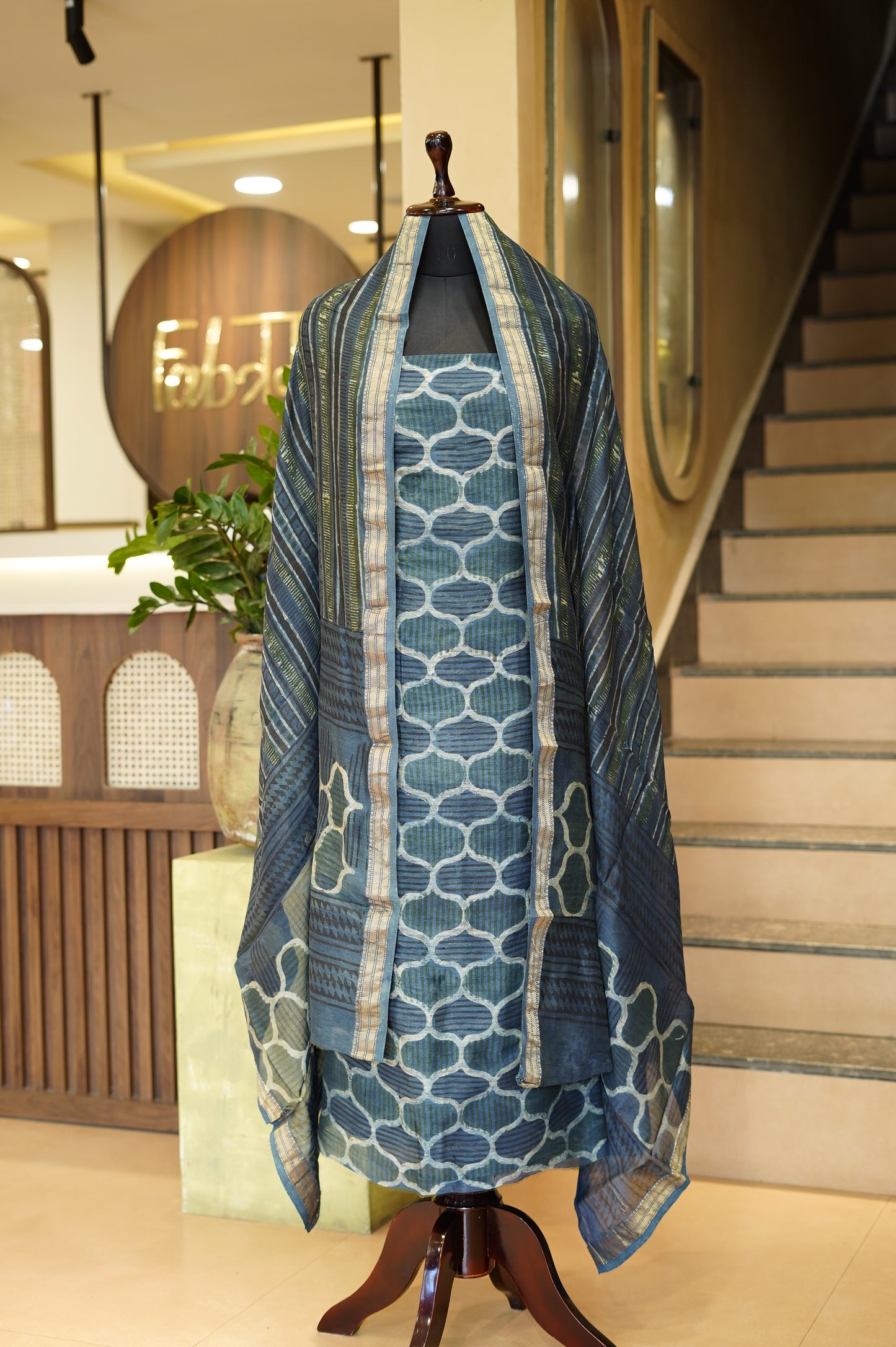 Blue Maheswari Ajrakh Suit