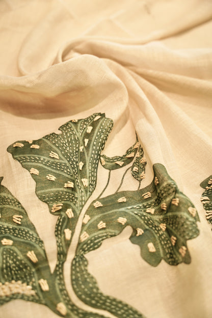 Cream Linen Tissue Printed Suit with Katha Work