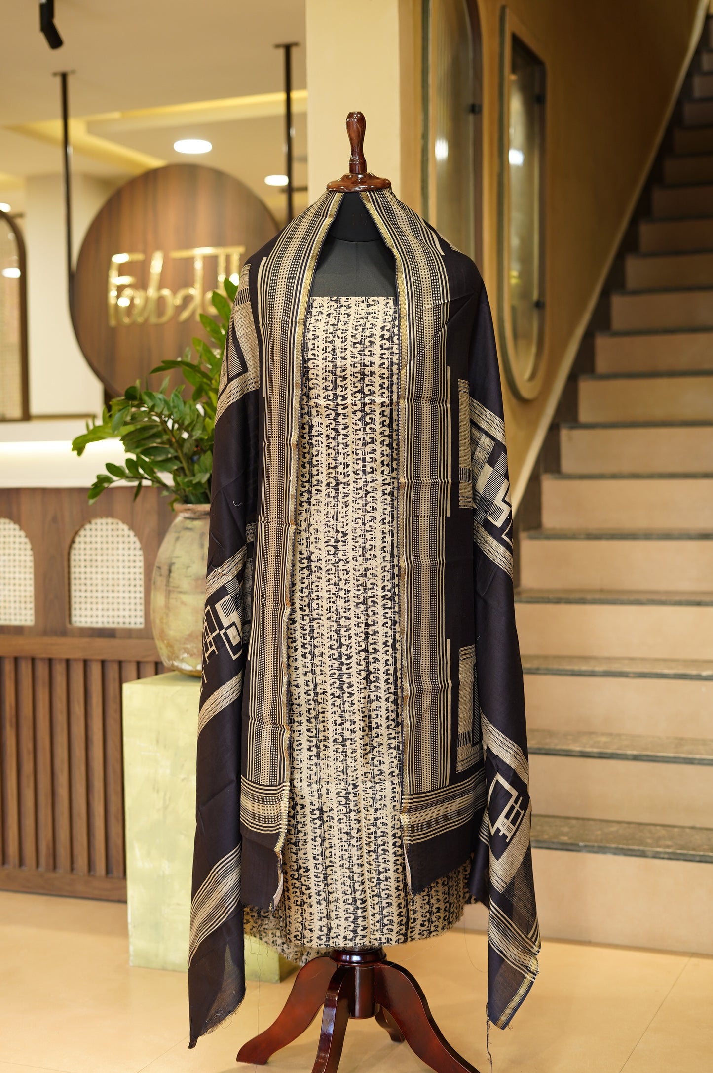 Beige Maheshwari Block Printed Suit