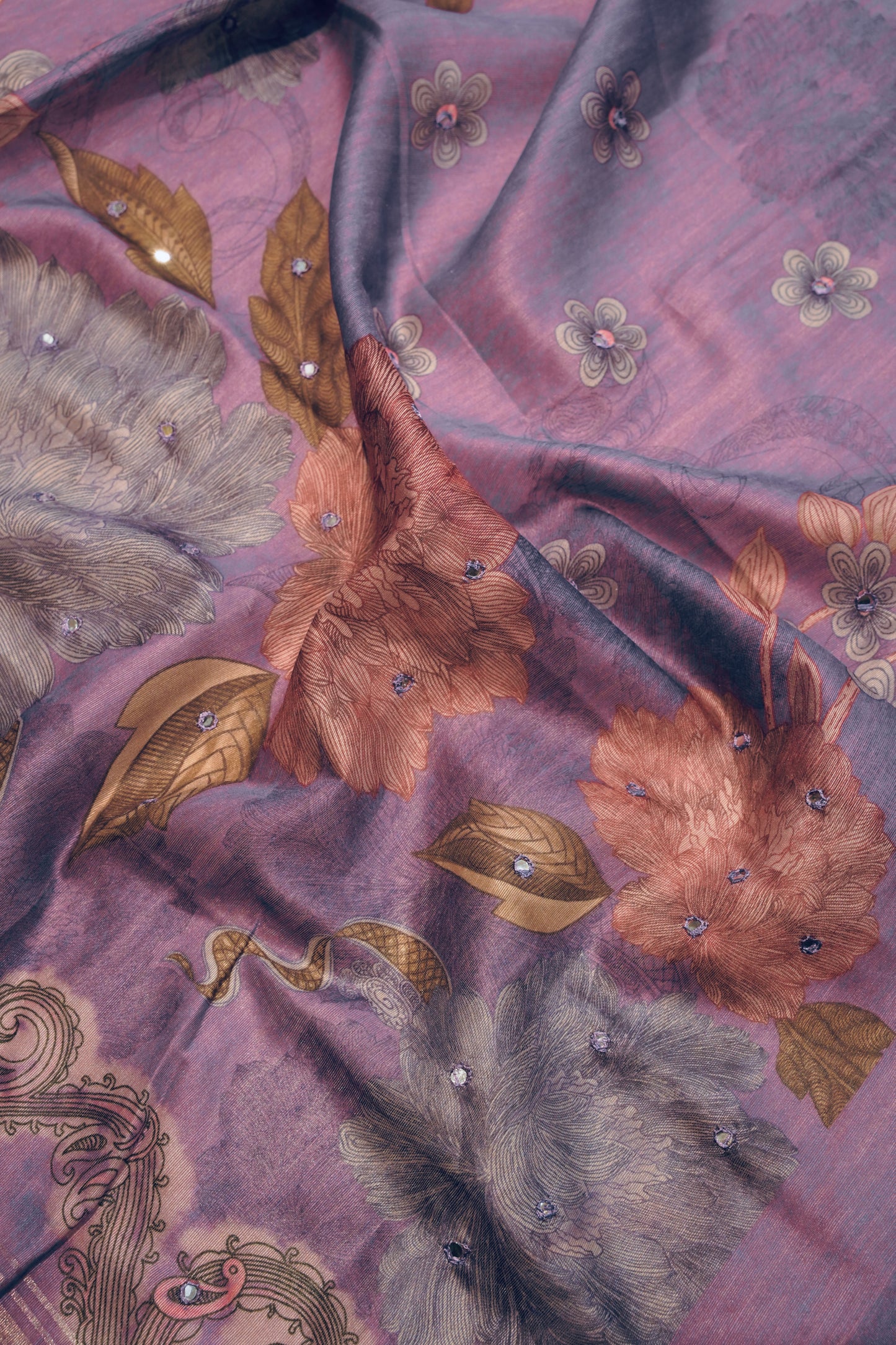 Purple Chanderi Printed Suit with Mirror Work
