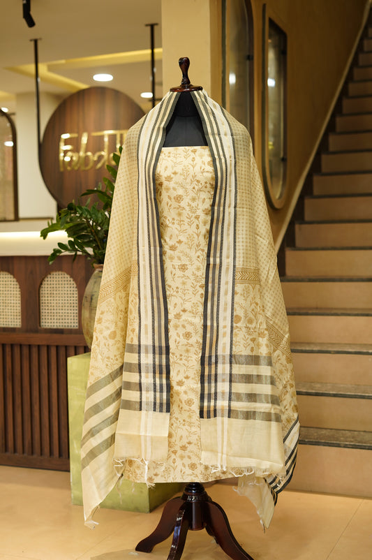 Cream Maheshwari Silk Printed Suit
