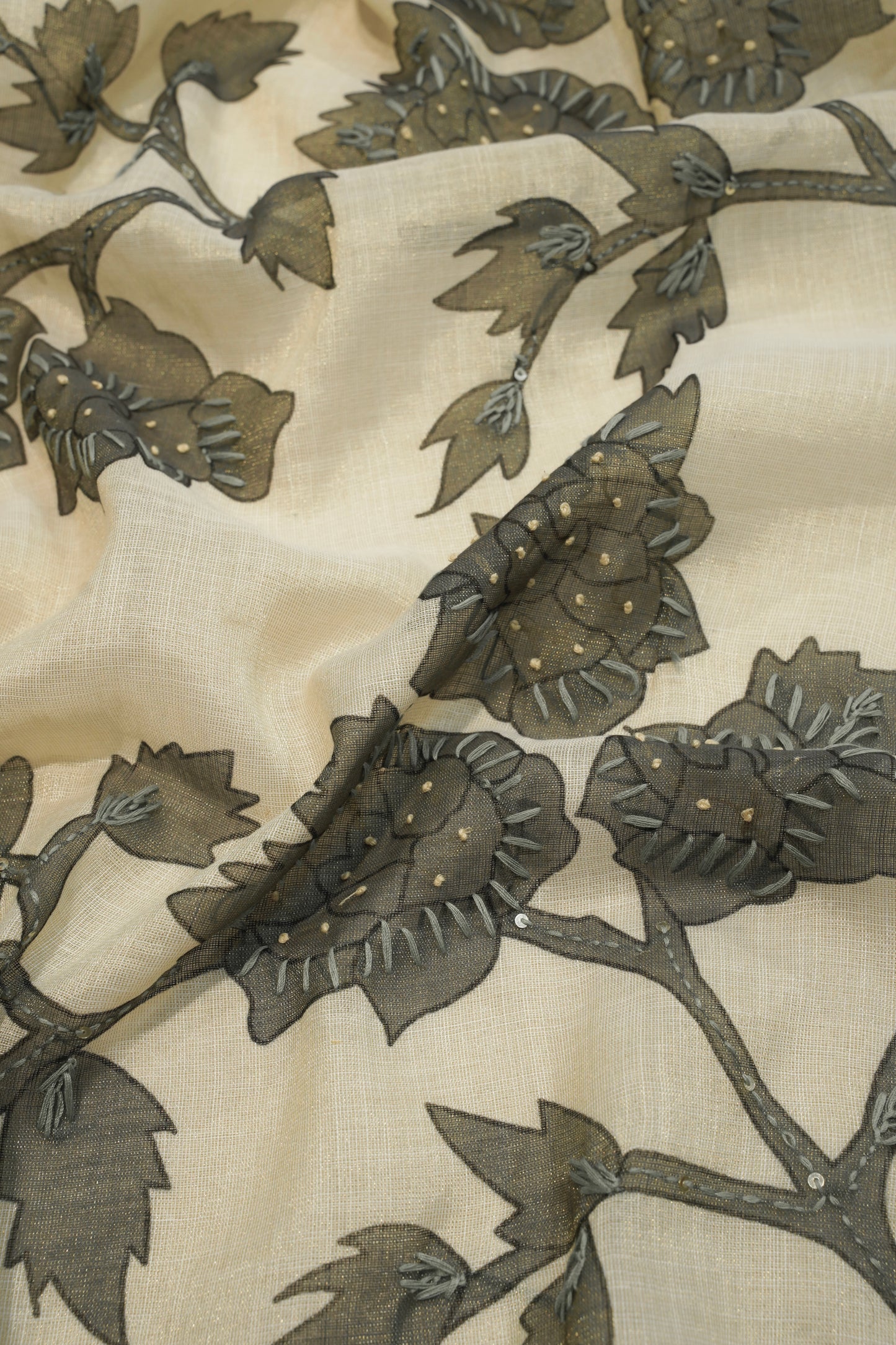 Cream Linen Tissue Printed Suit with Katha Work