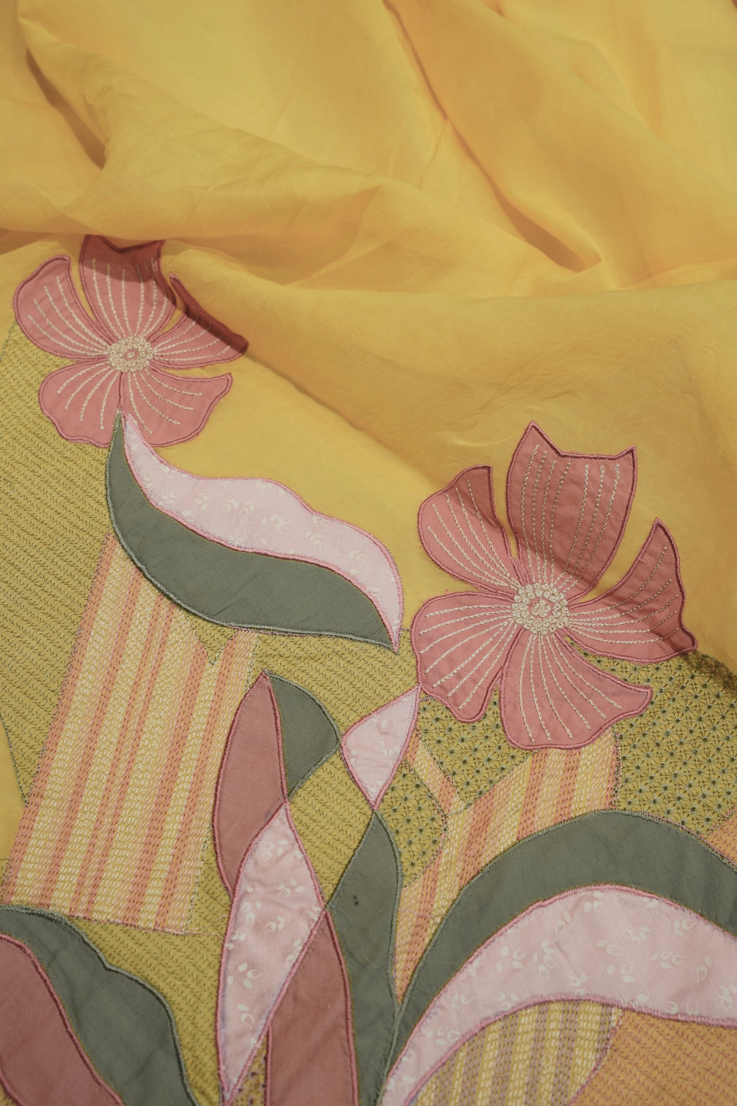 Yellow Mul Chanderi Suit with Applique