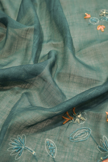 Green Printed Linen Suit with Hand Embroidery