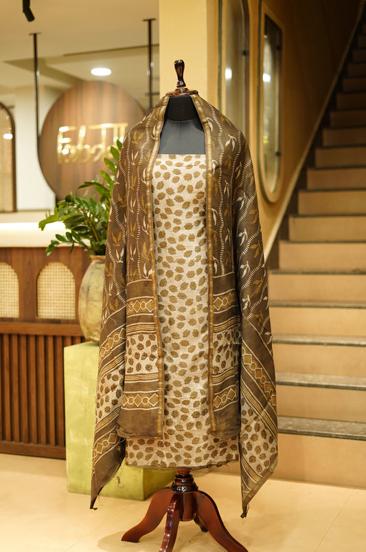Brown Maheshwari Block Printed Suit