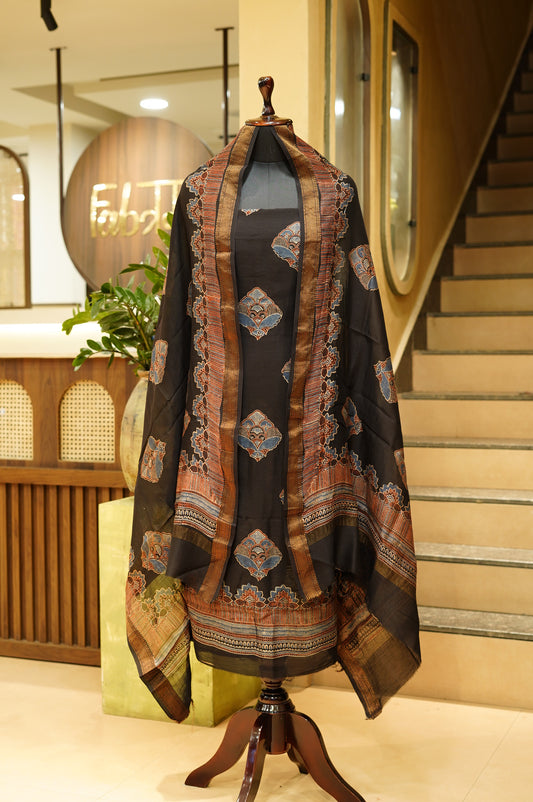 Black Maheshwari Ajrakh Suit