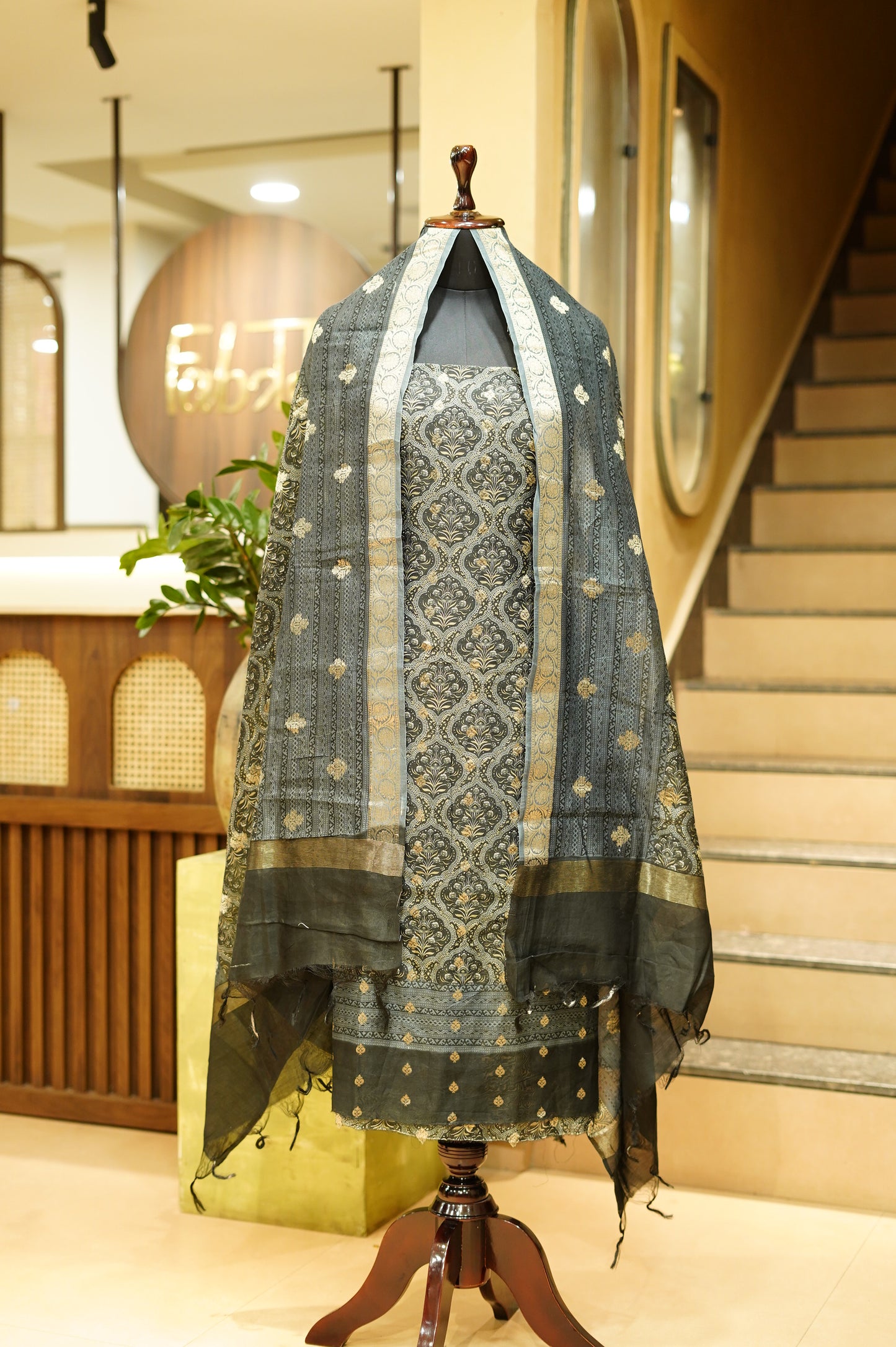Black Maheshwari Printed Suit with Banarasi Booti