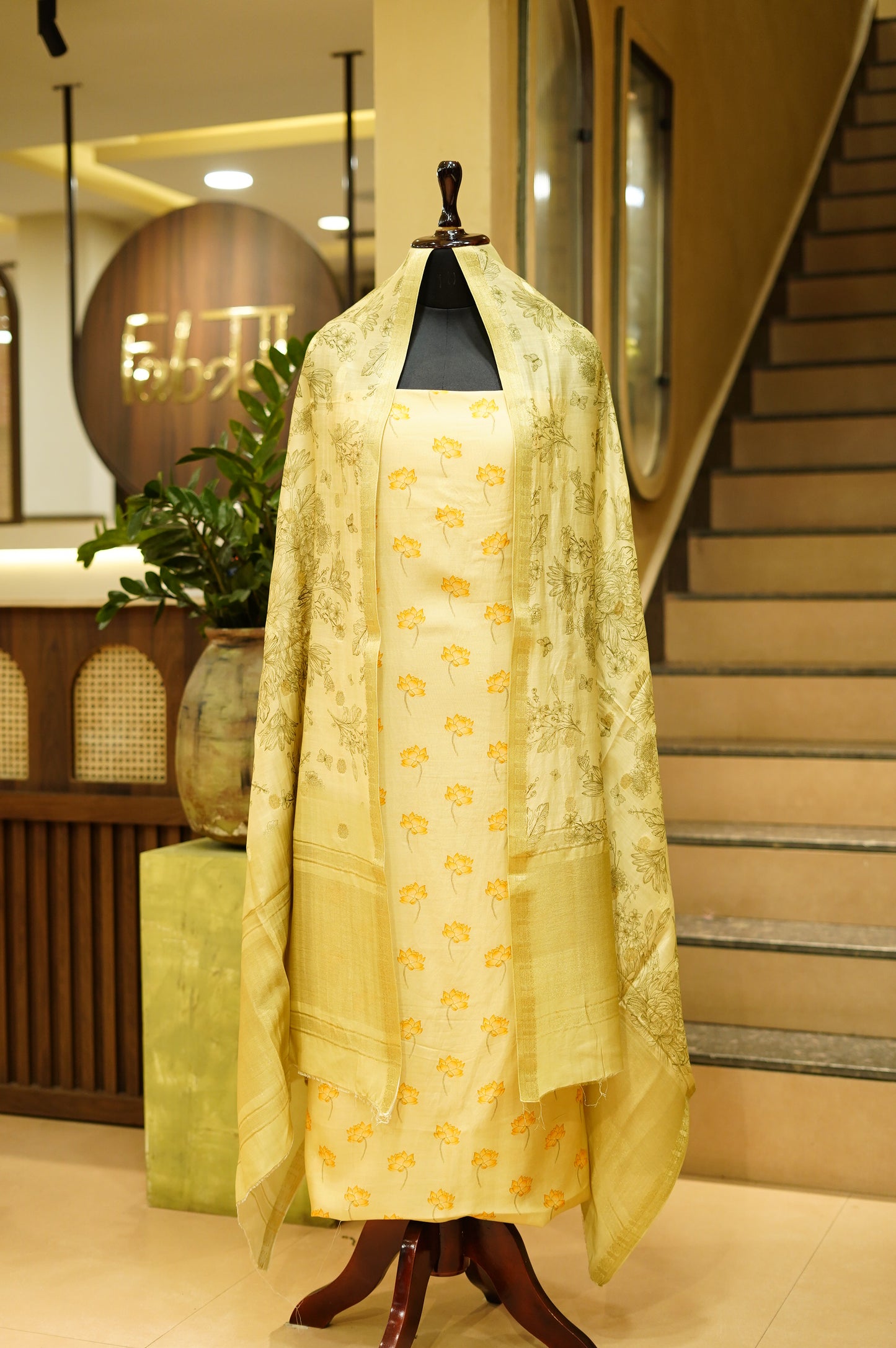 Golden Muslin Silk Printed Suit