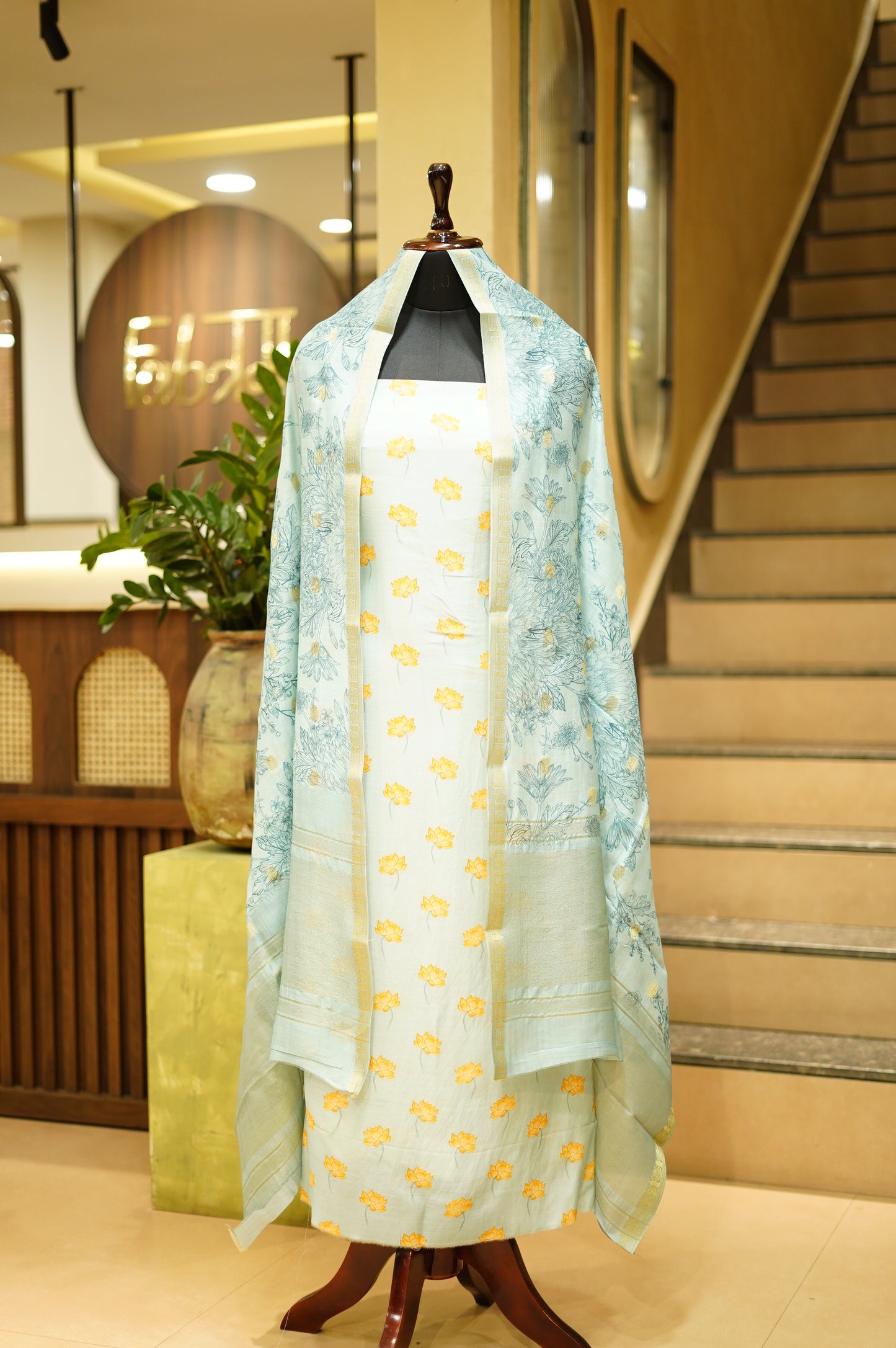 Blue Muslin Silk Printed Suit