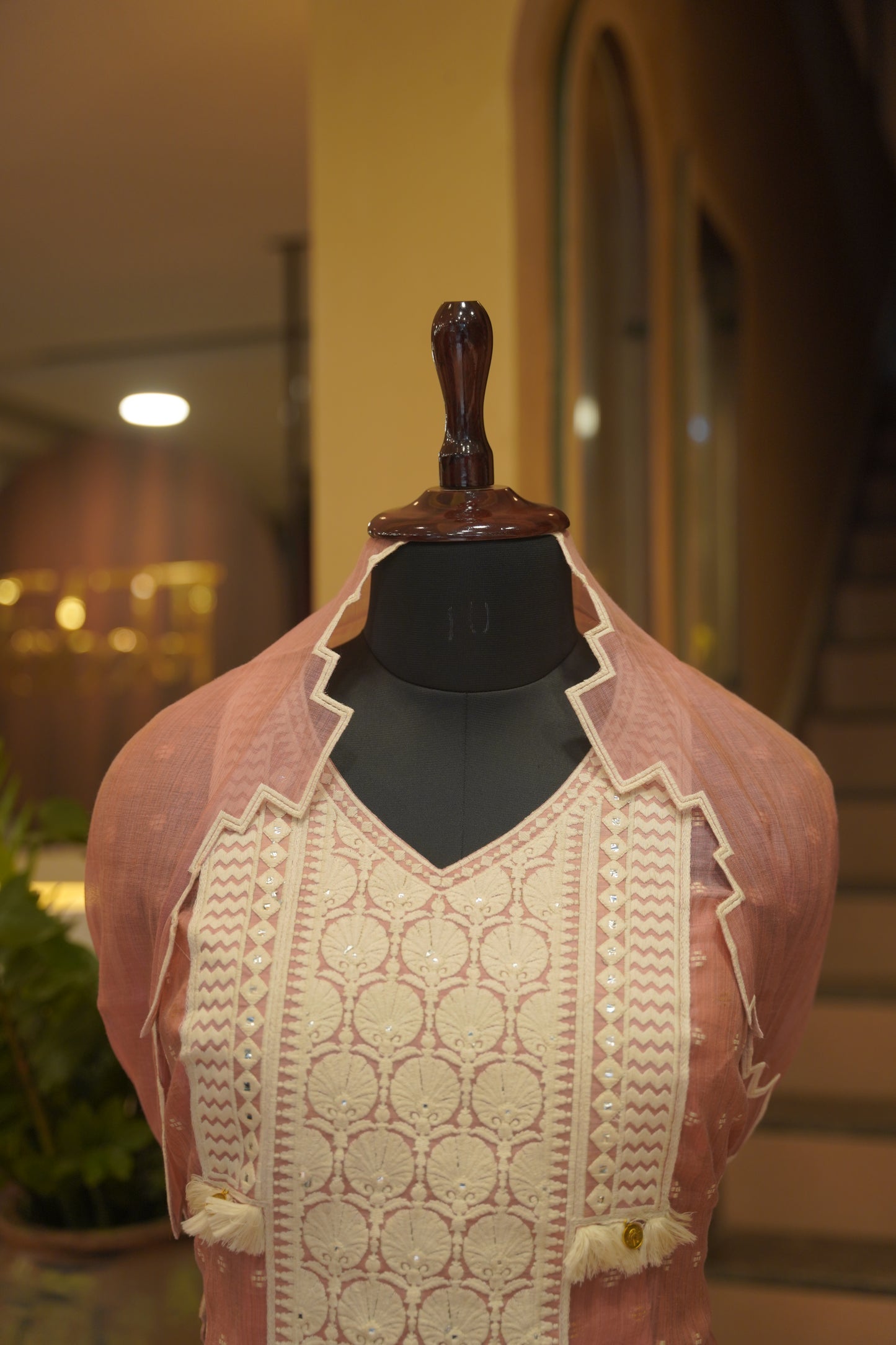Pink Self Mul Chanderi Suit with Neck Patch