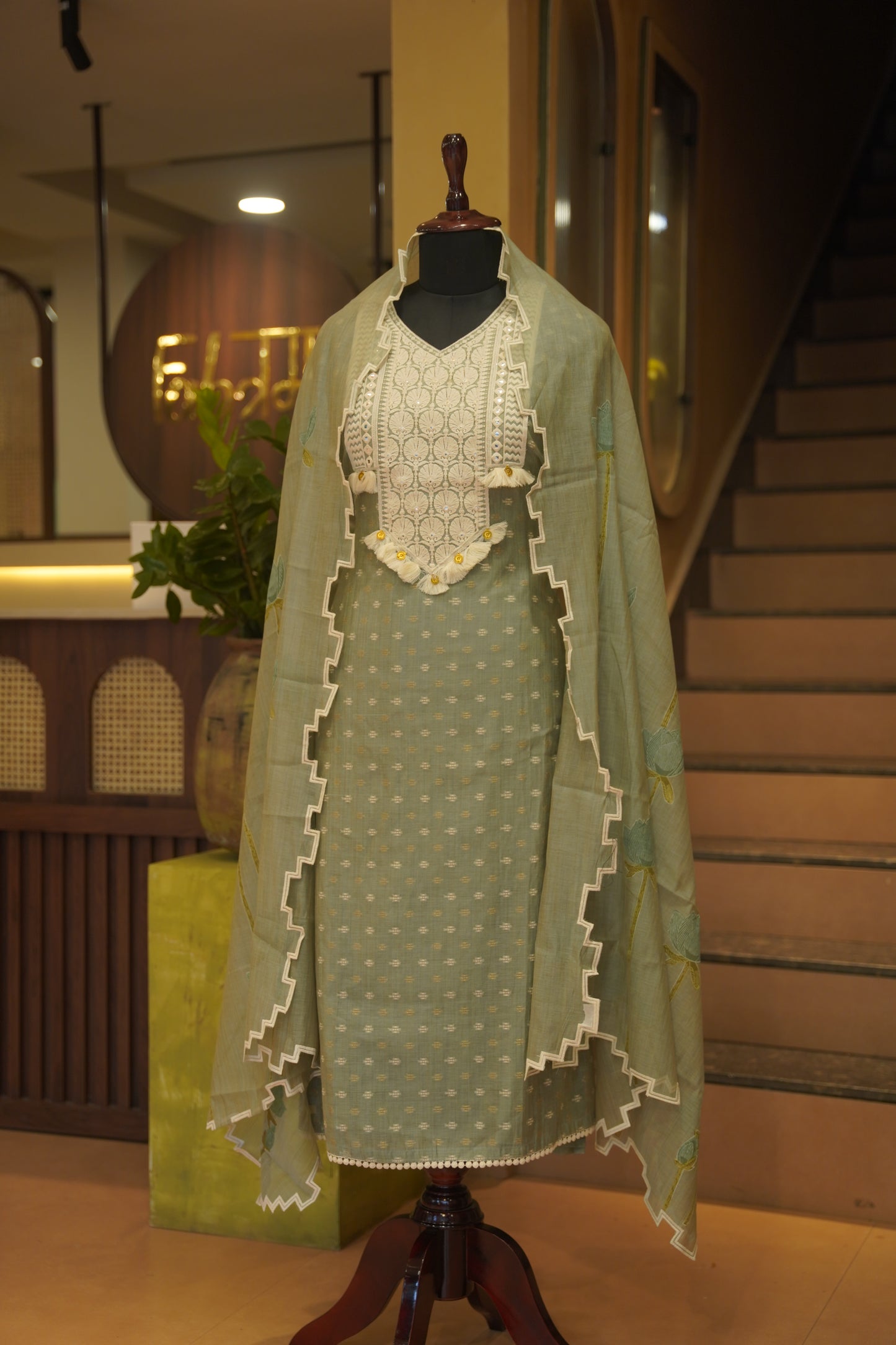 Self Chanderi Suit with Neck Patch