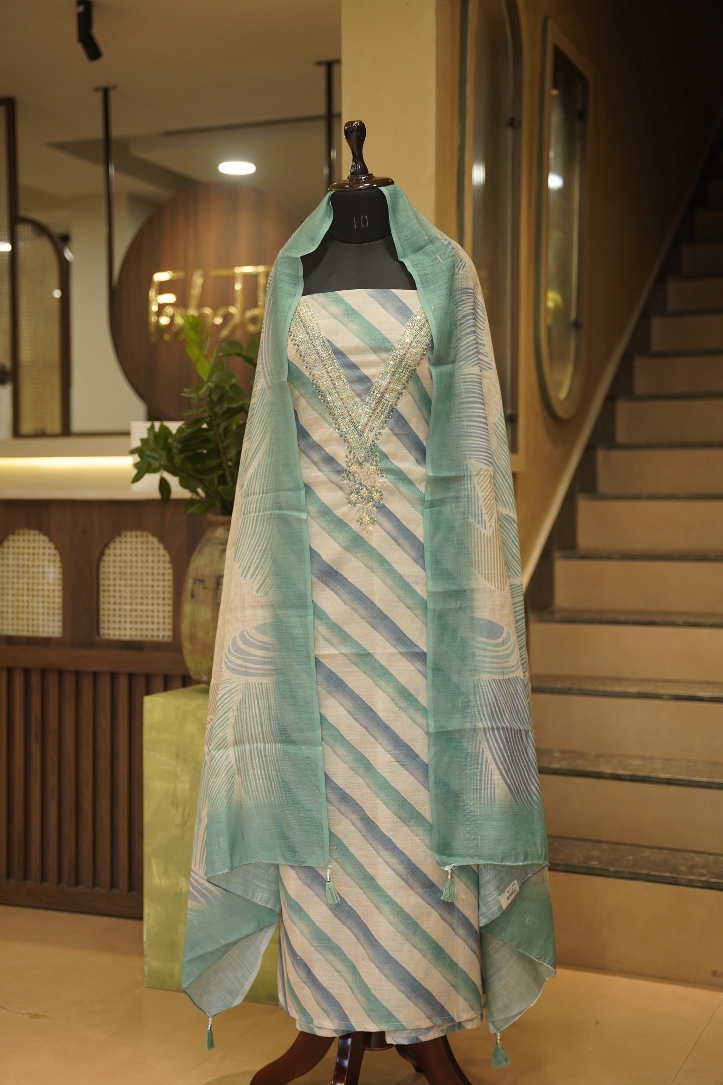 Cream Slub Linen Suit with Neck Work