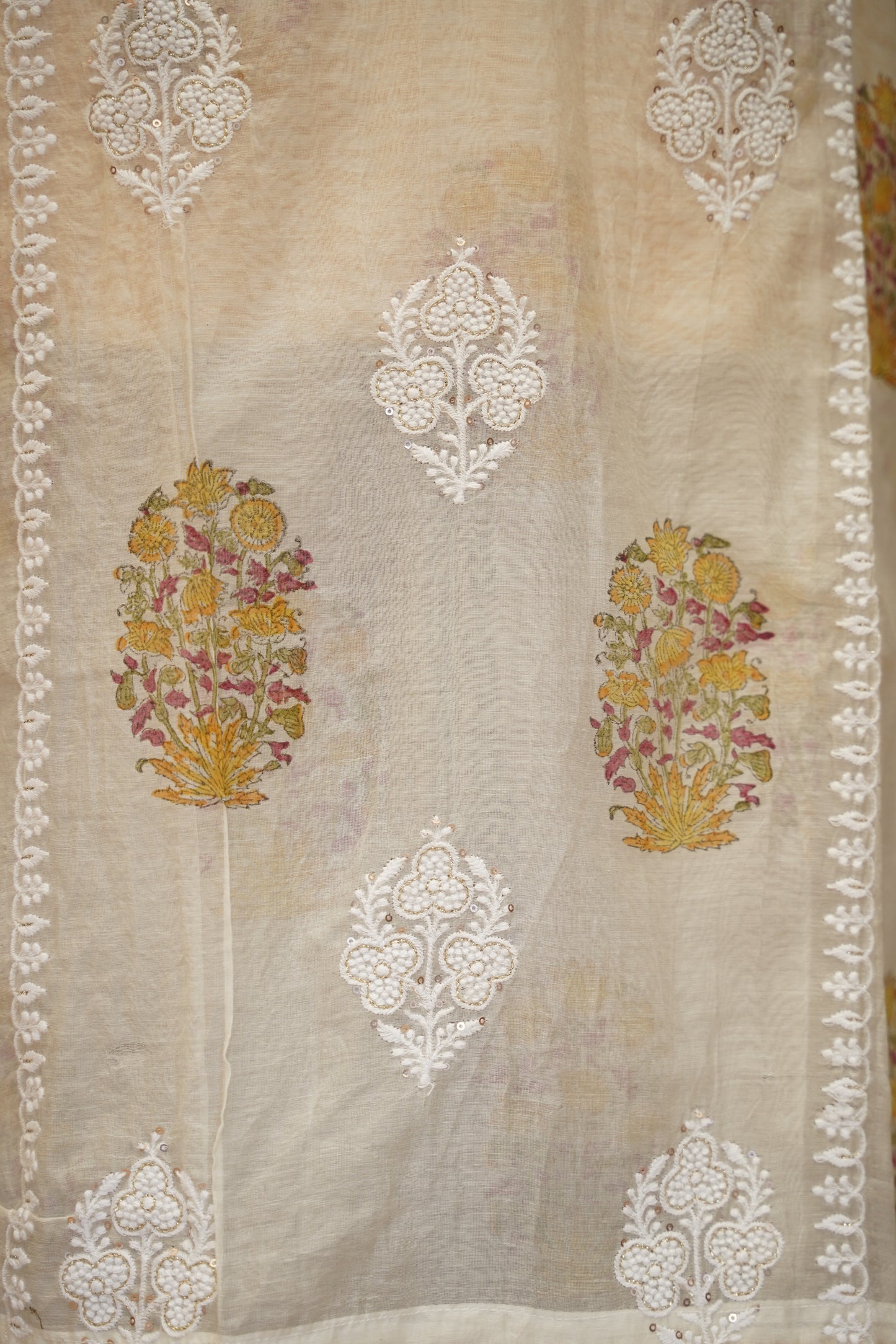 Off White Pure Chanderi Block Printed Suit with Embroidery