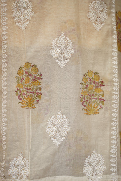 Off White Pure Chanderi Block Printed Suit with Embroidery