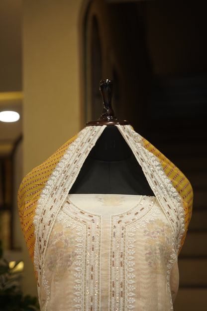 Off White Pure Chanderi Block Printed Suit with Embroidery