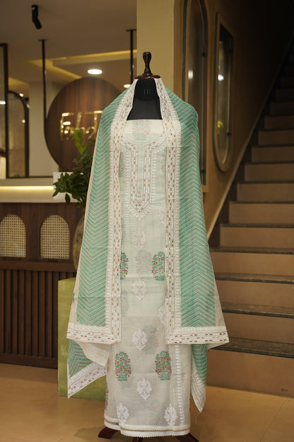 Off White Pure Chanderi Block Printed Suit with Embroidery
