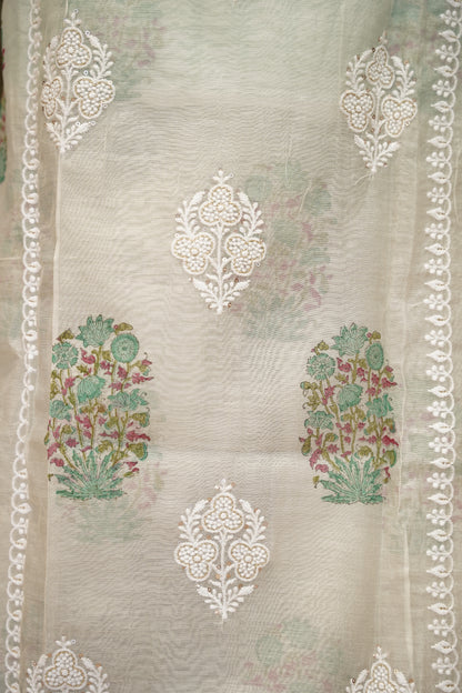 Off White Pure Chanderi Block Printed Suit with Embroidery