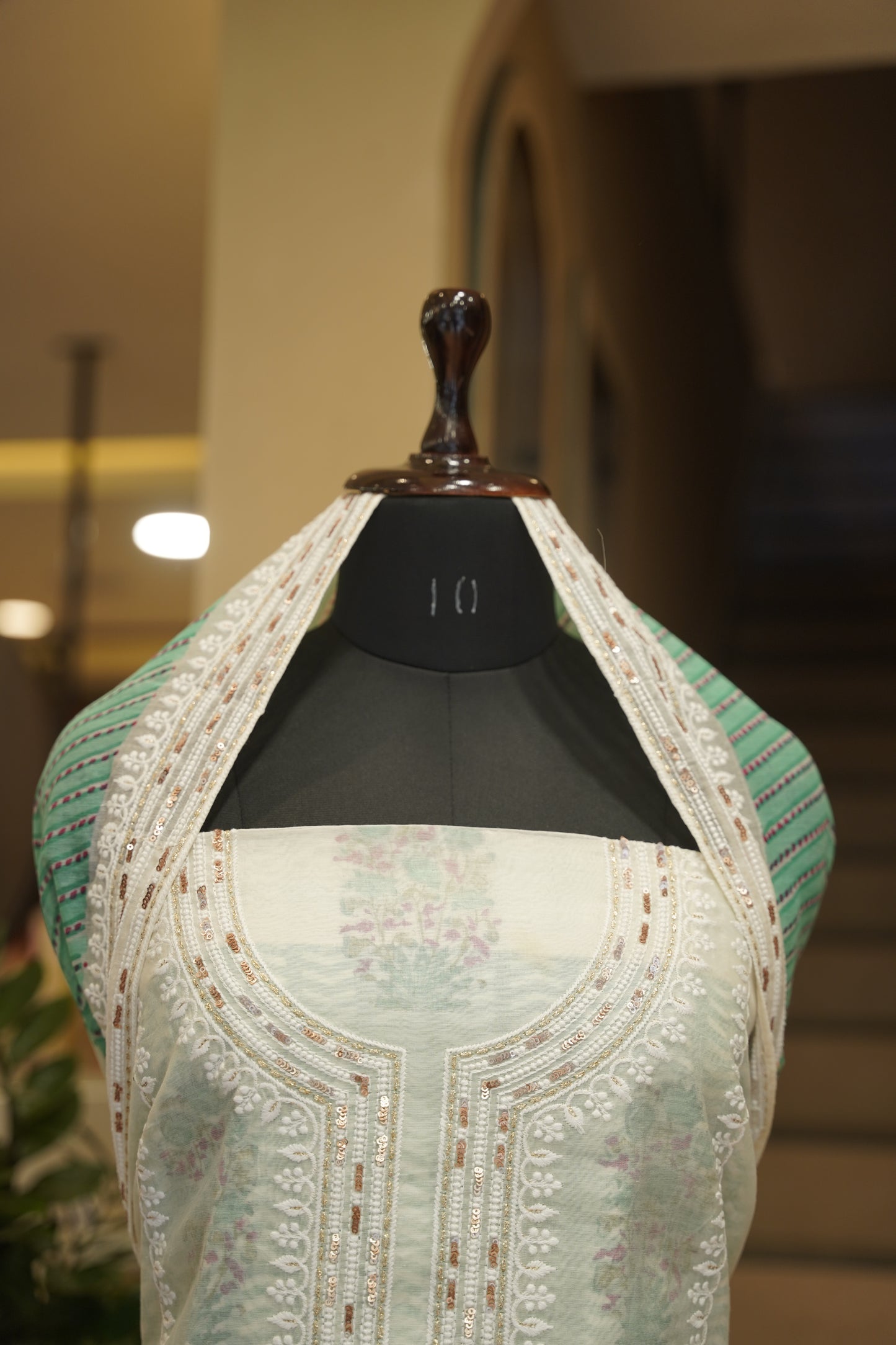 Off White Pure Chanderi Block Printed Suit with Embroidery