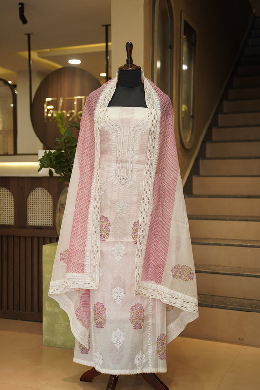 Off White Pure Chanderi Block Printed Suit with Embroidery