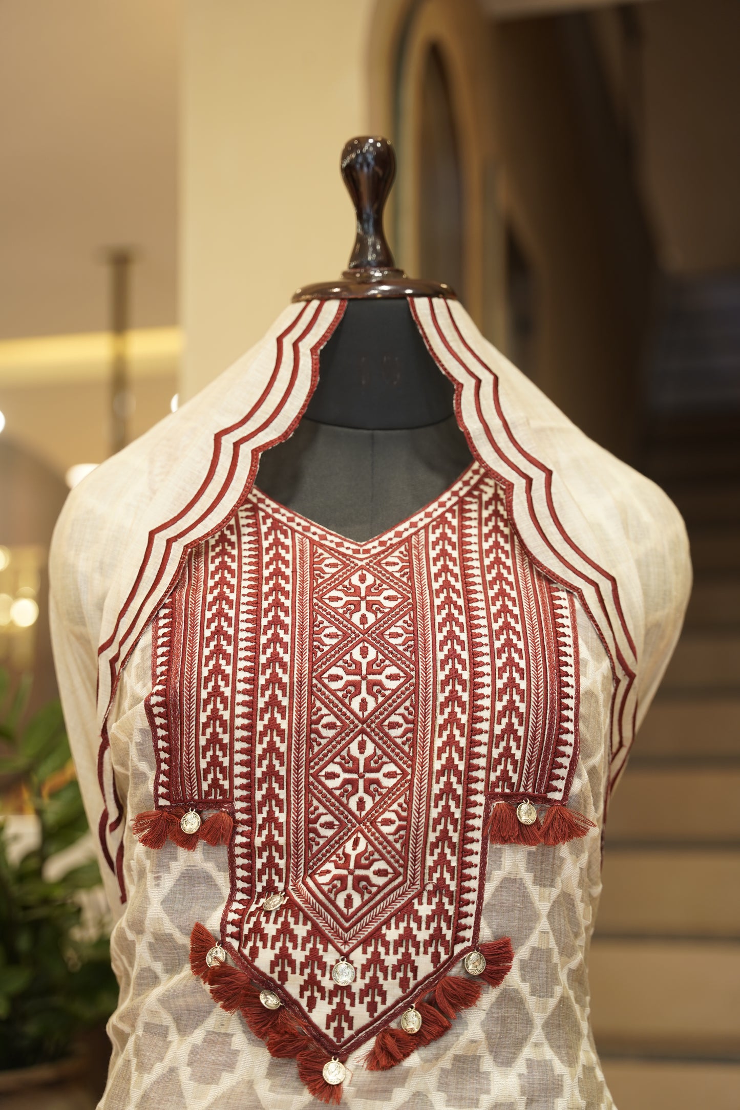 Beige Self Chanderi Suit with Neck Patch