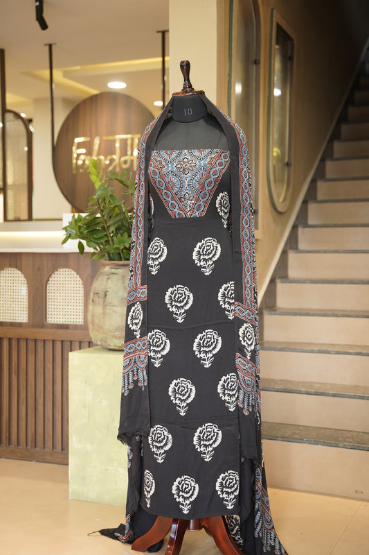 Black Ajrakh Printed Modal Satin Suit