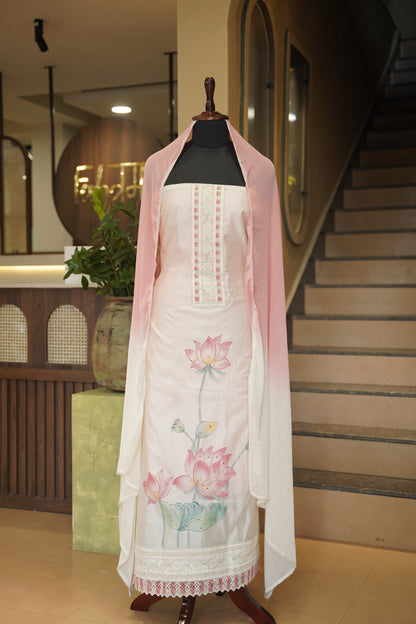 Off White Hand Painted Chanderi Suit