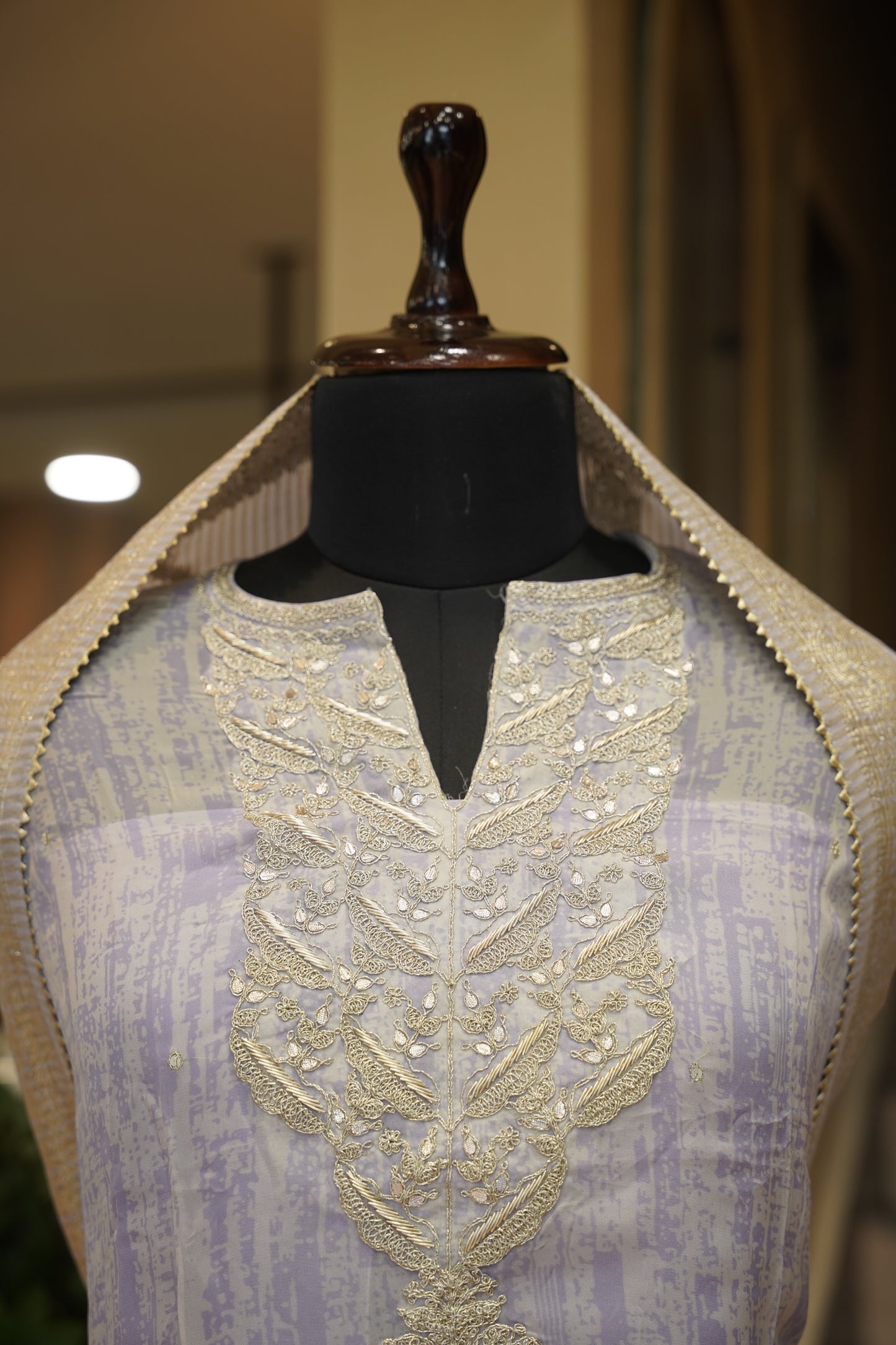 Blue Printed Organza Suit with Neck Work