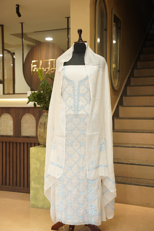 White Mul Chanderi Suit with Lakhnavi Handwork