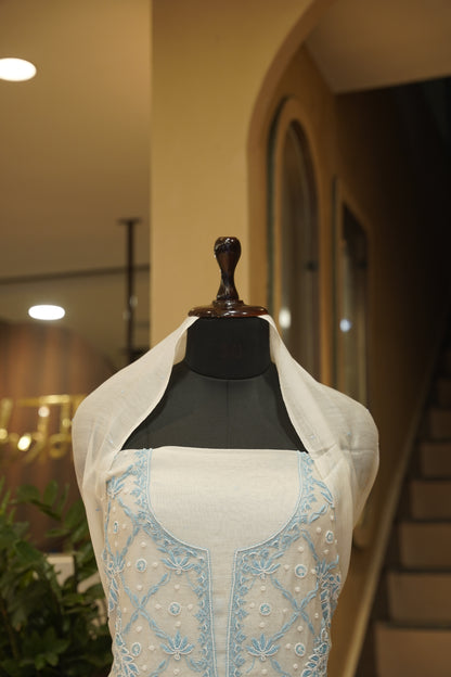 White Mul Chanderi Suit with Lakhnavi Handwork